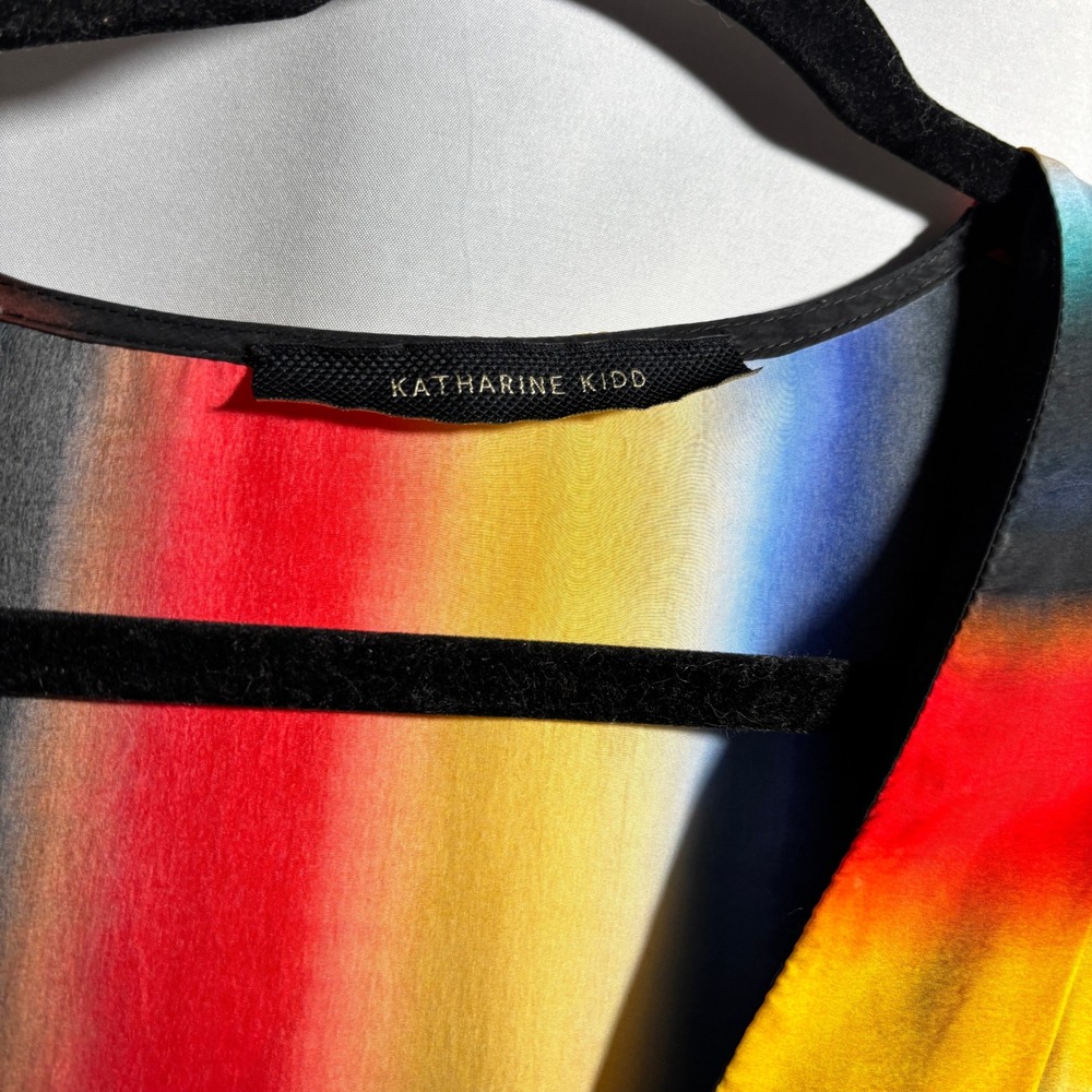 Katharine Kidd Rainbow Ombre Silk Peplum Top V Neck Puff Sleeve Colorful Crop S - Picture 3 of 8